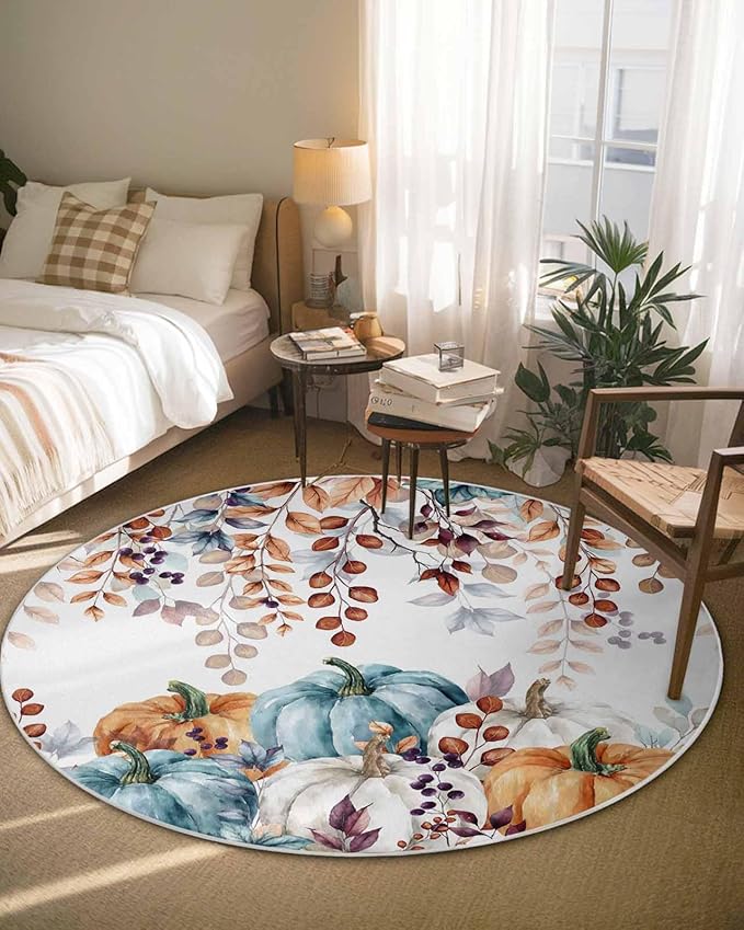 Round Area Rug,Fall Thanksgiving Pumpkin Orange Eucalyptus Leaf Circle Living Room Rug Non-Slip Rugs Indoor Carpet,Autumn Fallen Leaves Soft Comfort Rugs for Bedroom KidsRoom Nursery