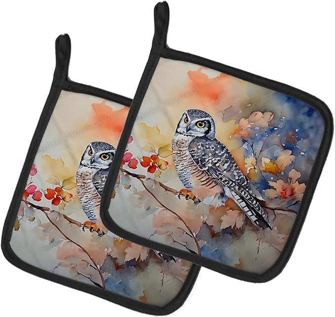 Caroline's Treasures Northern Hawk Owl Pair of Pot Holders Kitchen Heat Resistant Pot Holders Sets Oven Hot Pads for Cooking Baking BBQ, 7 1/2 x 7 1/2