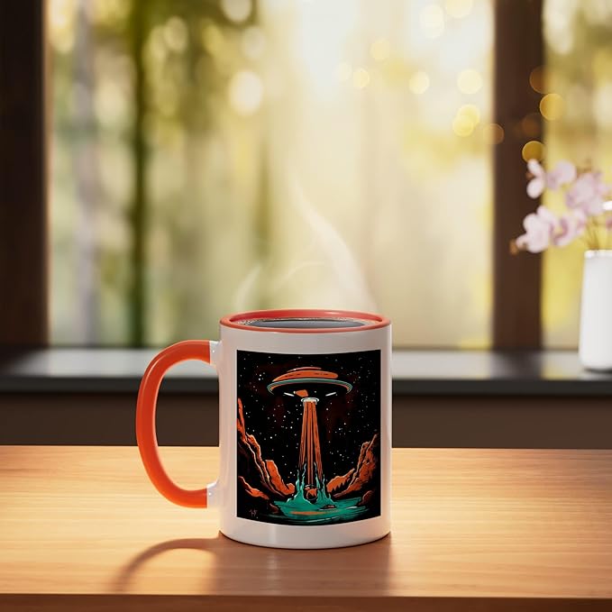 Aliens Abducting people into Flying UFO Saucer Abduction Ceramic Mug, Orange/White