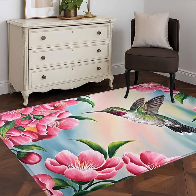 Area Rug 3x5ft, Hummingbird Flower Peach Blossom Washable Rugs for Living Room Bedroom, Nature Oil Painting Art Soft Non-Slip Area Rugs Rectangle Floor Carpet for Dining Room
