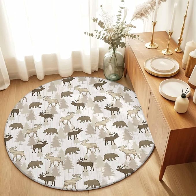 Washable Round Area Rug Animal Moose Bears Circle Rugs Floor Carpet for Living Room Bedroom, Retro Rustic Pine Trees Soft Non Slip Round Rug 5ft