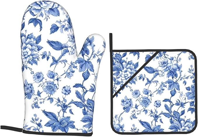 4 Pcs Blue and White Flower Oven Mitts and Potholders,Kitchen Oven Glove with Pot Holders,Non-Slip Gloves High Heat Resistant 500 Degree for BBQ, Grill, Baking, Cooking, Oven, Microwave