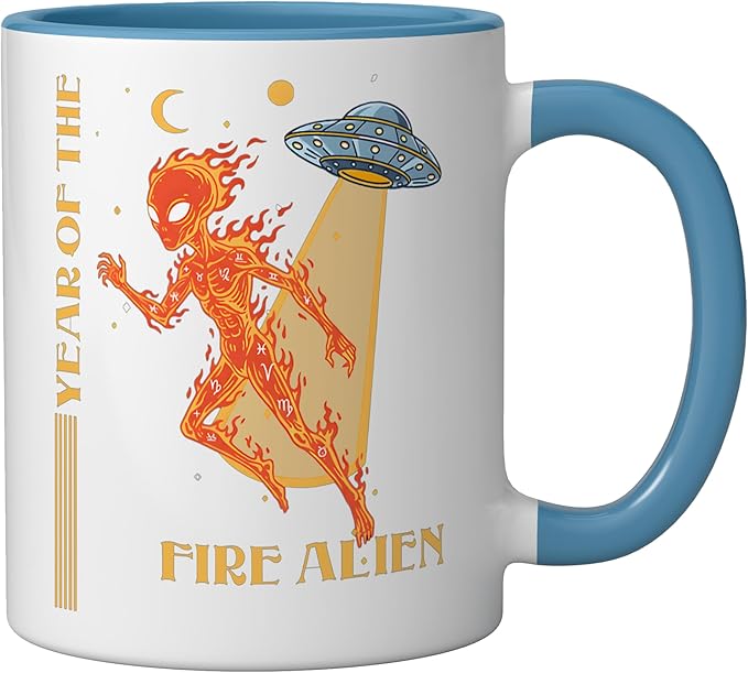 Year of the Fire Alien Chinese Zodiac Celestial Astrology Ceramic Mug, Blue/White