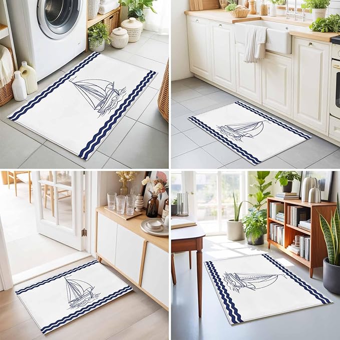 Area Rug 2x3ft, Summer Ocean Nautical Sailboat Washable Rugs for Living Room Bedroom, Marine Theme Navy Blue Stripe Soft Non-Slip Area Rugs Rectangle Floor Carpet for Dining Room