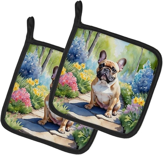 Caroline's Treasures French Bulldog Spring Path Pair of Pot Holders Kitchen Heat Resistant Pot Holders Sets Oven Hot Pads for Cooking Baking BBQ, 7 1/2 x 7 1/2
