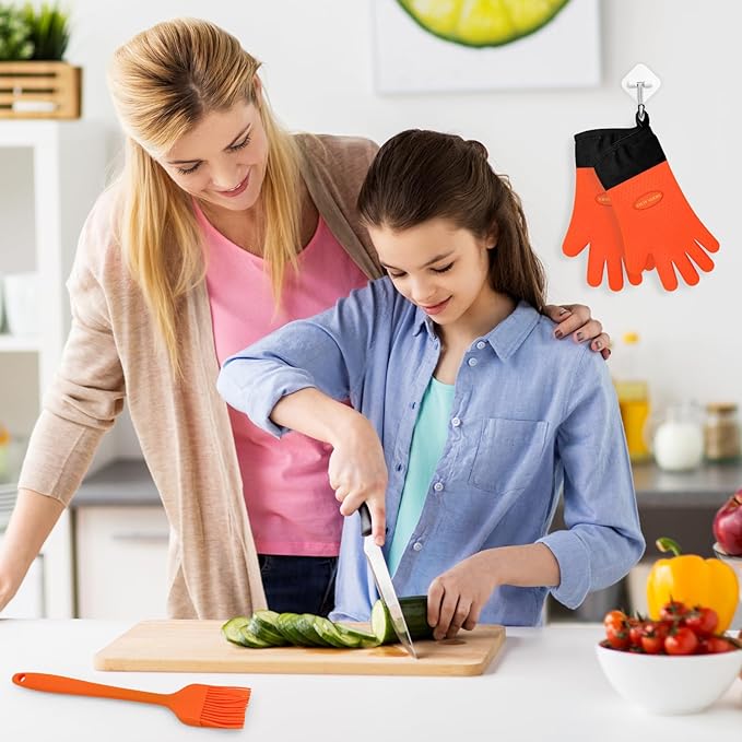 Silicone Smoker Oven Gloves - BBQ Gloves with Sharp Knife, Basting Brush and Sticky Hook.