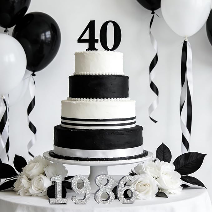 TONIFUL 4 Inch 1986 Silver Glitter Table Centerpiece Sign 1986 Number Block for 40th Birthday Decoration,Fourty Years Old Birthday Table Decoration,Class of 1986 Reunion Decorations or Anniversary