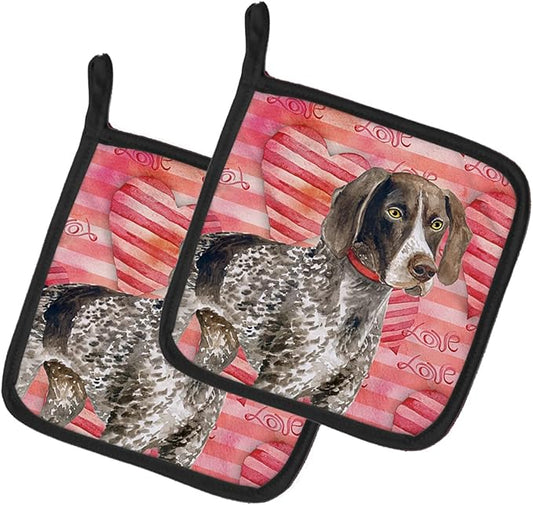 Caroline's Treasures BB9728PTHD German Shorthaired Pointer Love Pair of Pot Holders, Red Kitchen Heat Resistant Pot Holders Sets Oven Hot Pads for Cooking Baking BBQ, 7 1/2 x 7 1/2