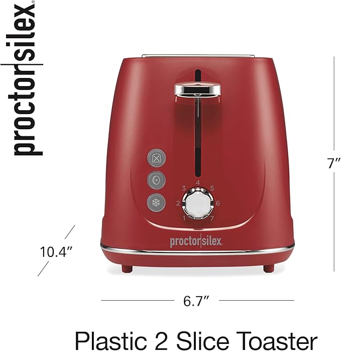 Proctor Silex Plastic 2 Slice Toaster, Bagel, Defrost & Cancel Buttons, Browning Control With 7 Shades, Auto Shutoff, Slide-Out Crumb Tray, Red (22661)