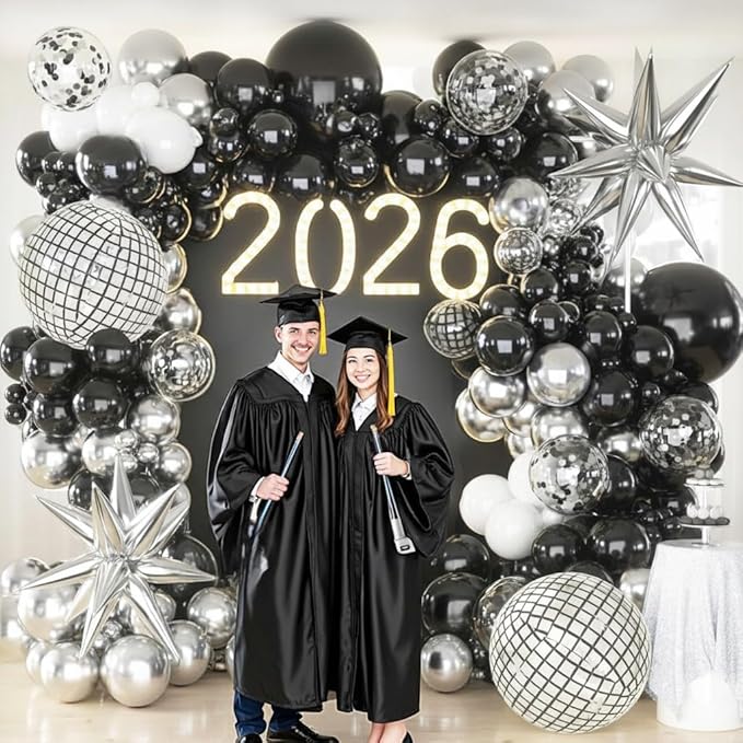 KARLURE Black Silver Balloons Arch Kit, Black Silver White Balloons Disco Ball Balloons Arch for Disco Party Decorations Birthday 2026 Graduation Decorations Anniversary Decorations