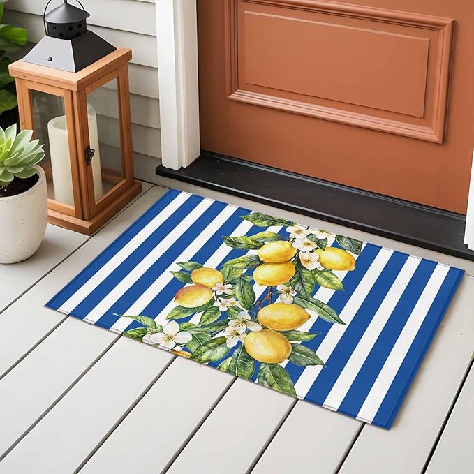 Area Rug 2x3ft, Summer Lemon Green Leaves Watercolor Washable Rugs for Living Room Bedroom, Blue Stripe Soft Non-Slip Area Rugs Rectangle Floor Carpet for Dining Room