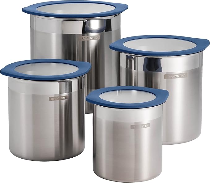 Tramontina 4-Piece Food Storage Containers with Silicone Lids, Stainless Steel Reusable Canister Set, Kitchen Pantry Organizer for Oats, Flour, Cereal, Sugar, Snacks (Blue)