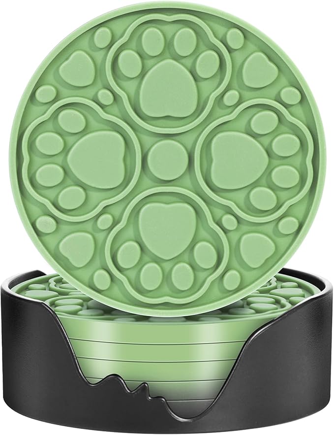 Green Silicone Coasters Set of 6 with Holder, 4 Inch Non-Slip Decorative Cup Mats, Heat-Resistant & Waterproof Drink Coasters for Tabletop, Desk, Bar, Coffee Table, Office & Kitchen