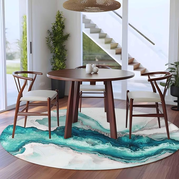 Washable Round Area Rug Abstract Blue Marble Texture Circle Rugs Floor Carpet for Living Room Bedroom, Modern Luxury Pattern Soft Non Slip Round Rug 5ft