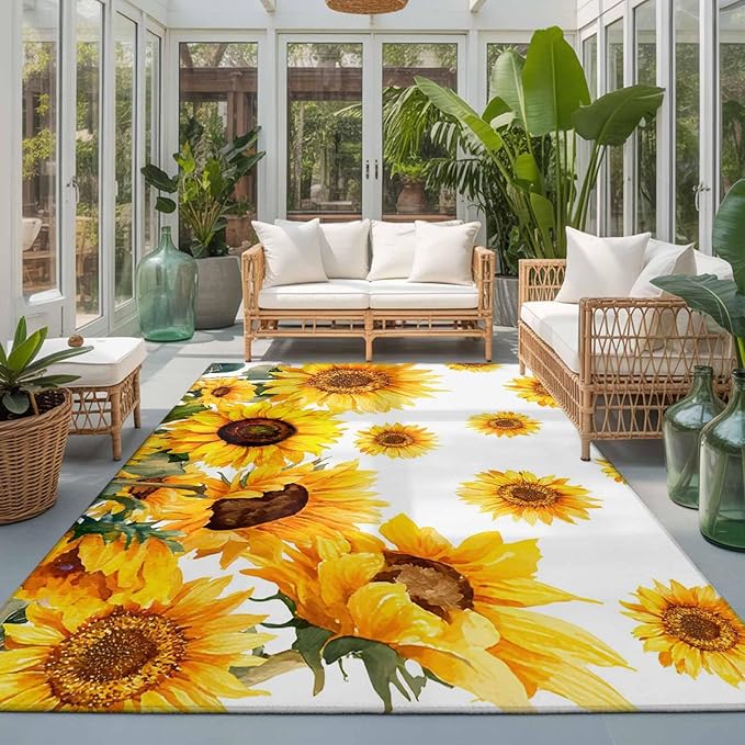 Area Rug 3x5ft, Summer Pastoral Sunflower Washable Rugs for Living Room Bedroom, Farmhouse Yellow Flower Soft Non-Slip Area Rugs Rectangle Floor Carpet for Dining Room