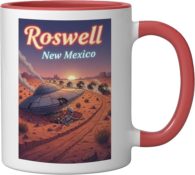 Roswell New Mexico UFO Crash in the Desert Alien Souvenir Ceramic Mug, Red/White