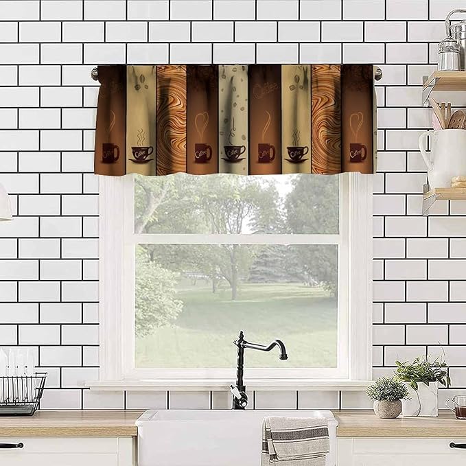 Coffee Valance Curtain, Vintage Brown Coffee Bean Swirl Cups Short Window Treatment for Cafe Kitchen Dining Room Resturant Bedroom Living Room, 54x18Inch