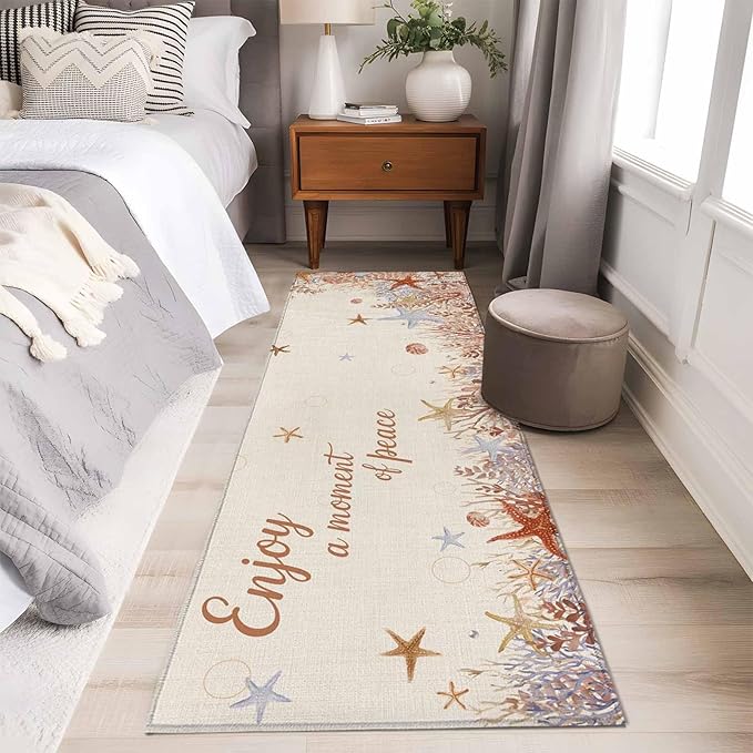 Runner Rug for Bedroom Hallway, Orange Marine Starfish Coral Seaweed Kitchen Runner Rugs Area Rug 2x6ft, Peace Quote on Linen Washable Soft Floor Carpet for Entryway Stair