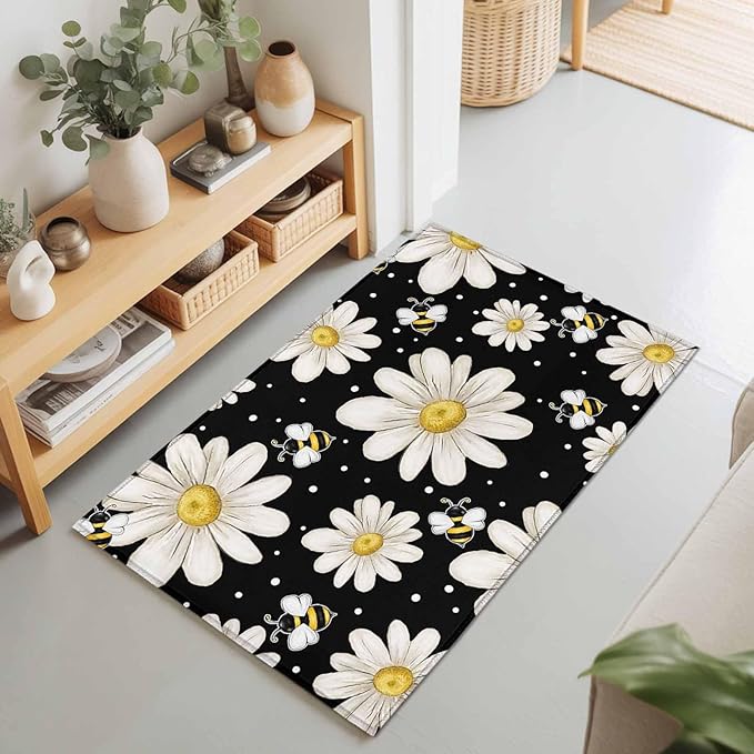 Area Rug 2x3ft, Watercolor White Floral Daisy Bee Washable Rugs for Living Room Bedroom, Blossom Flower on Black Soft Non-Slip Area Rugs Rectangle Floor Carpet for Dining Room