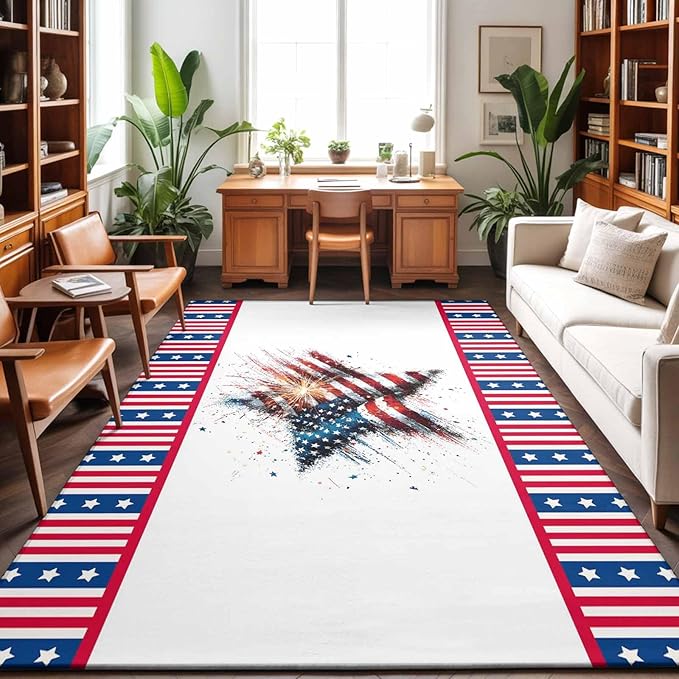Area Rug 9x12ft, 4th of July Stars Stripes Abstract Flag Washable Rugs for Living Room Bedroom Rectangle Floor Carpet, Patriotic Theme Soft Non-Slip Area Rugs for Dining Room