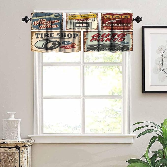 1950s Valance Curtain Vintage Car Automobile Advertising Repair Vehicle Garage Servicing Image Short Curtain Valance for Kitchen Bedroom Bathroom Decor with Rod Pocket, One Panel 54X18 Inches