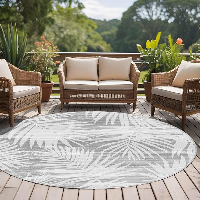 Washable Round Area Rug Modern Gray Palm Leaves Circle Rugs Floor Carpet for Living Room Bedroom, Boho Tropical Leaves Soft Non Slip Round Rug 5ft