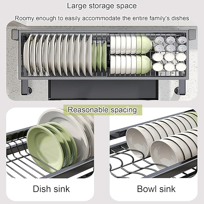 Vertical Over Sink Dish Drying Rack - Carbon Steel Organizer, Space-Saving Kitchen Shelf, Practical Drainer for Above Sink, Black, 29.5in - Optimized Storage Solution
