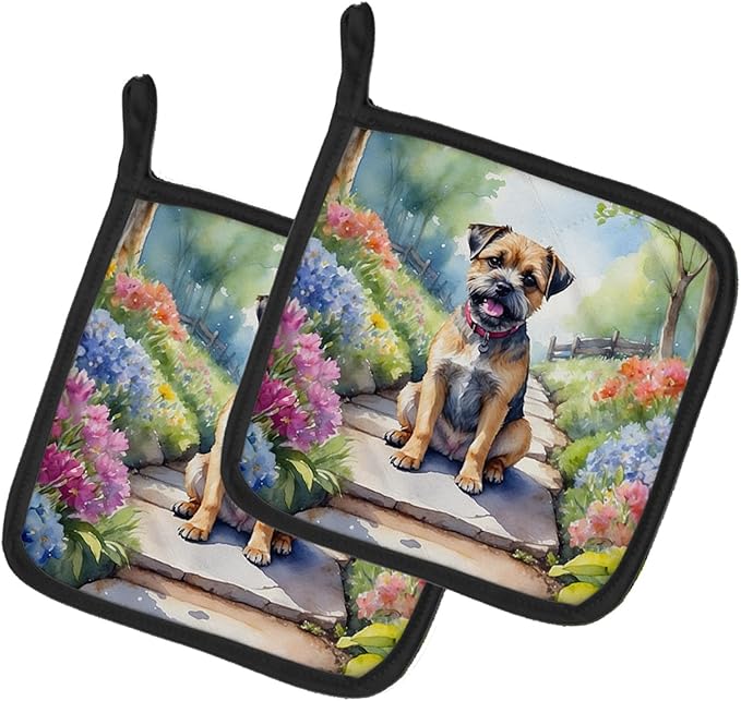 Caroline's Treasures Border Terrier Spring Path Pair of Pot Holders Kitchen Heat Resistant Pot Holders Sets Oven Hot Pads for Cooking Baking BBQ, 7 1/2 x 7 1/2