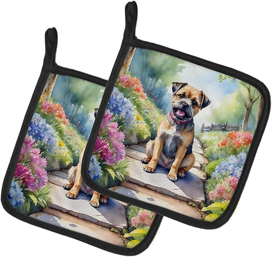 Caroline's Treasures Border Terrier Spring Path Pair of Pot Holders Kitchen Heat Resistant Pot Holders Sets Oven Hot Pads for Cooking Baking BBQ, 7 1/2 x 7 1/2