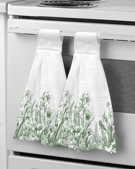 Alandar Home Kitchen Tie Towel Set of 2, Green Flowers Iris Lavender Leaves Absorbent Soft Hand Towels for Bathroom Hanging Towels, Spring Botanical Fast Drying Cleaning Cloth with Loop