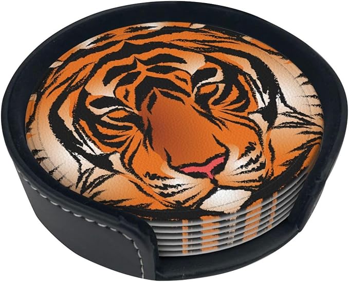 Bengal Tiger Leather Drinks Coasters with Holder, Set of 6, Suitable for Various Cups