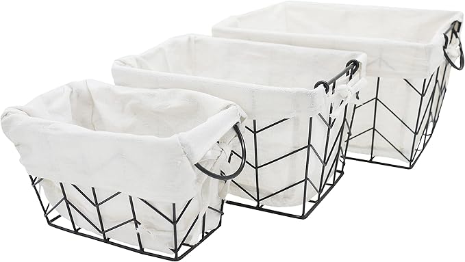 Admired by Nature Metal Wire Storage Basket with Soft Fabric Liners - Set of 3 Sizes Decorative Nesting Basket Crates for Home, Kitchen, Bathroom, Classroom Decor (S, M, L)