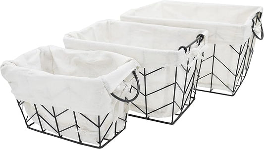 Admired by Nature Metal Wire Storage Basket with Soft Fabric Liners - Set of 3 Sizes Decorative Nesting Basket Crates for Home, Kitchen, Bathroom, Classroom Decor (S, M, L)