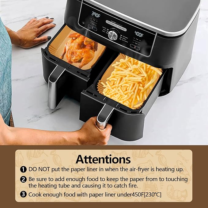 UBeesize Air Fryer Paper Liners Disposable For Ninja, 100 PCS Non Stick Parchment Paper For Ninja DZ201/DZ401 Dual, Oil Proof, Water Proof Food Grade Air Fryer Accessoriess(Rectangle - 8.6"X5.5")