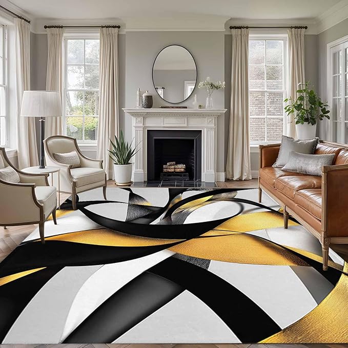 Area Rug 6x9ft, Modern Geometric Stripe Texture Washable Rugs for Living Room Bedroom, Abstract Gold Black White Line Soft Non-Slip Area Rugs Rectangle Floor Carpet for Dining Room