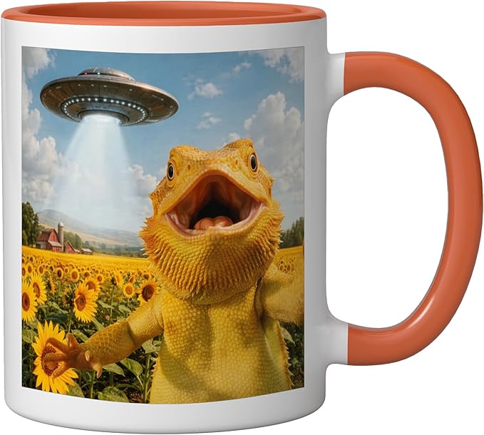 Funny Bearded Dragon Selfie with Alien UFO Ceramic Mug, Orange/White