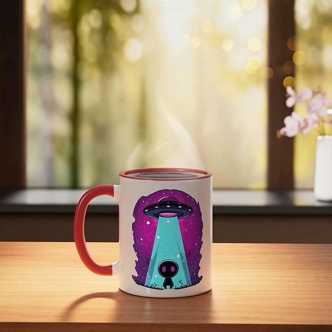 Cute Alien Abduction UFO Retro Space Sci Fi Kawaii Ceramic Mug, Red/White