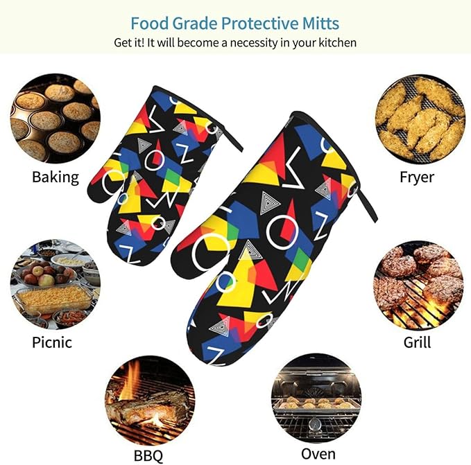 Colorful Geometric Pattern Oven Mitts of 2-Pack Set, Fashion Kitchen Gloves Heat Resistant Non-Slip Kitchen Mitts for Safe Cooking Baking Grilling