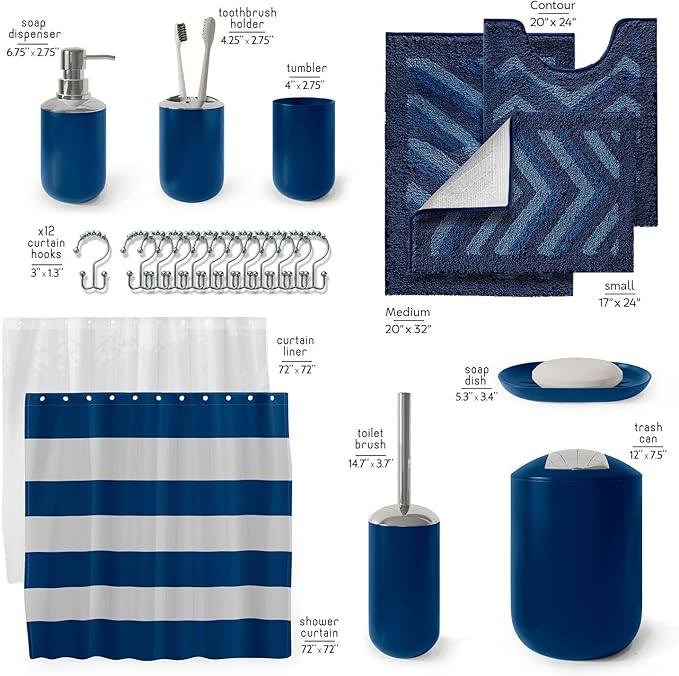 Clara Clark Bathroom Accessories Set - 23PC Shower Curtain Set with Bathroom Trash Can, Navy Bathroom Set, Bathroom Sets with Shower Curtain and Navy Rugs