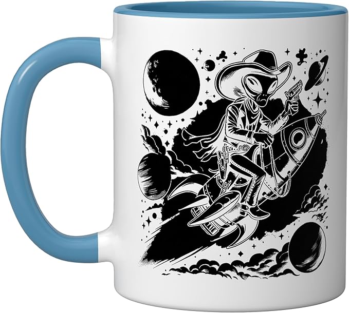 Alien Lover Flying Saucer UFO Extraterrestrial Cowboy Ceramic Mug, Blue/White