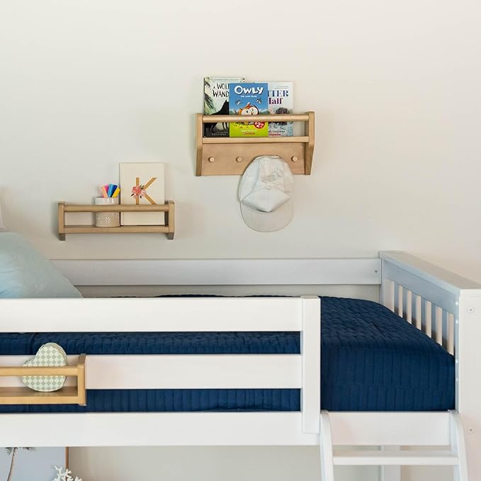 Max & Lily Wall Shelf with Pegs, 16 Inch Floating Bookshelf for Kids Room, Solid Wood Wall-Mounted Storage Shelf with Hooks for Backpacks, Jackets & Décor, Blonde