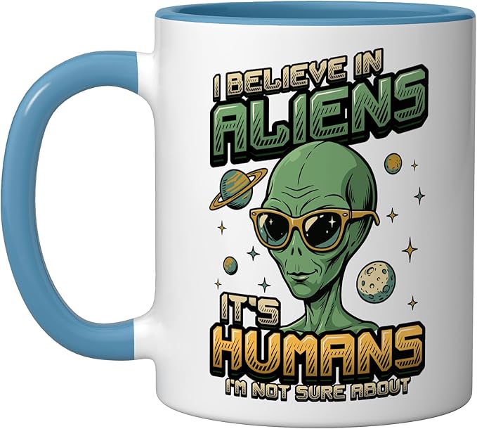 Alien Believer UFO Extraterrestrial Space Lover Ceramic Mug, Blue/White