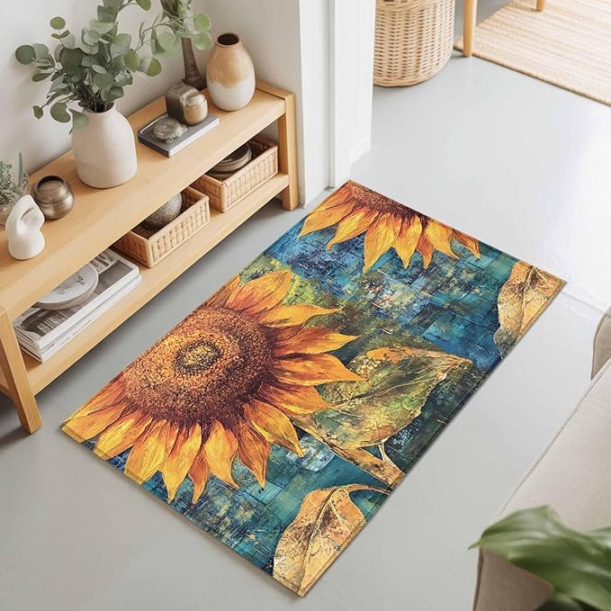 Area Rug 2x3ft, Rustic Golden Sunflower on Teal Blue Washable Rugs for Living Room Bedroom, Abstract Floral Soft Non-Slip Area Rugs Rectangle Floor Carpet for Dining Room
