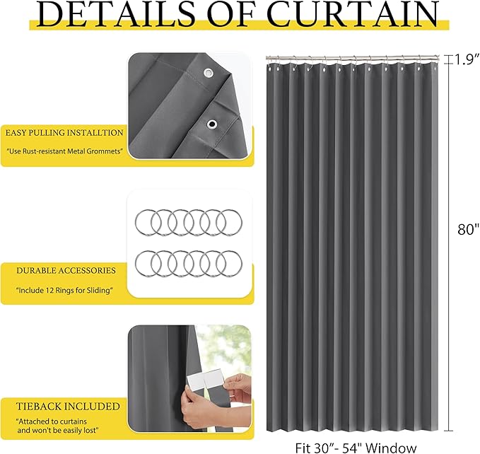 NICETOWN Blackout Bedroom Curtains 80 Inches Long, Thermal Insulated Sliding Door Room Divider Window Drapes for Living Room Bathroom, Doorway Curtains for Entryway, 1 Panel, 60W x 80L, Grey