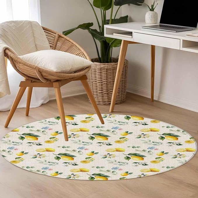 Washable Round Area Rug Country Lemon Flower Leaf Circle Rugs Floor Carpet for Living Room Bedroom, Pastoral Fruit Plant Vintage Linen Soft Non Slip Round Rug 3ft