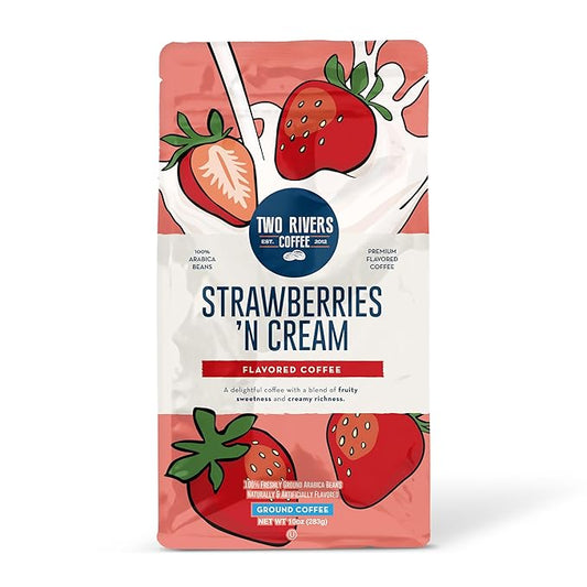 Two Rivers Coffee Strawberries N Cream Flavored Ground Coffee, Perfectly Balanced, Always Smooth, Made with 100% Arabica Beans - Flavor Enhanced, 10 Ounce Bag