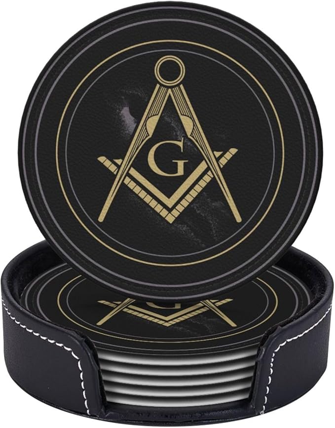Masonic Freemason Black Leather Drinks Coasters with Holder, Set of 6, Suitable for Various Cups