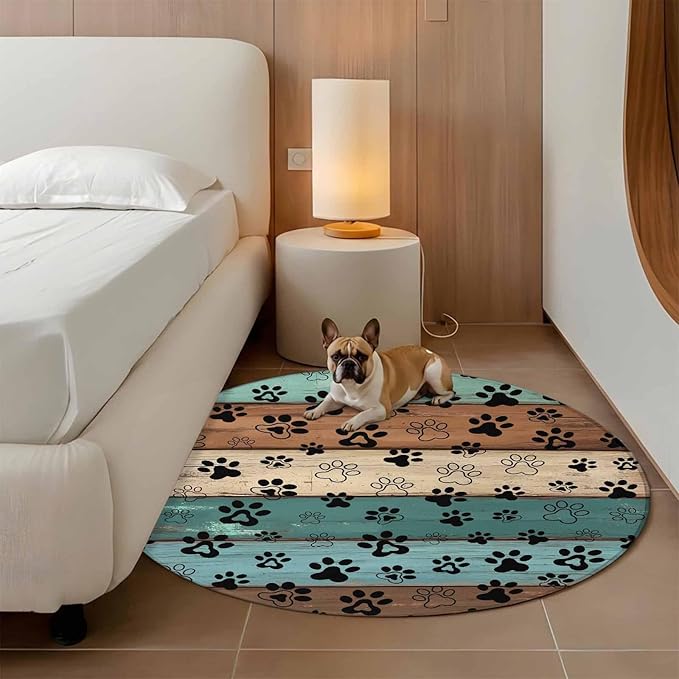 Washable Round Area Rug Farm Brown Wood Board Circle Rugs Floor Carpet for Living Room Bedroom, Dog Paw Print Animal Footprint Soft Non Slip Round Rug 5ft