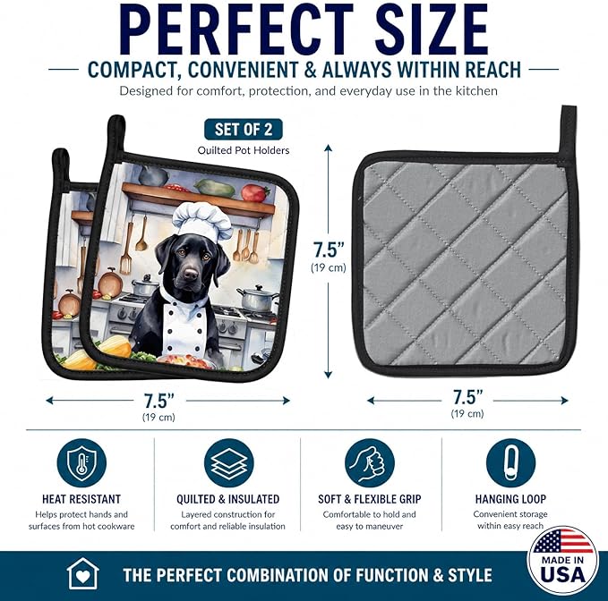 Caroline's Treasures Black Labrador Retriever The Chef Pair of Pot Holders Kitchen Heat Resistant Pot Holders Sets Oven Hot Pads for Cooking Baking BBQ, 7 1/2 x 7 1/2