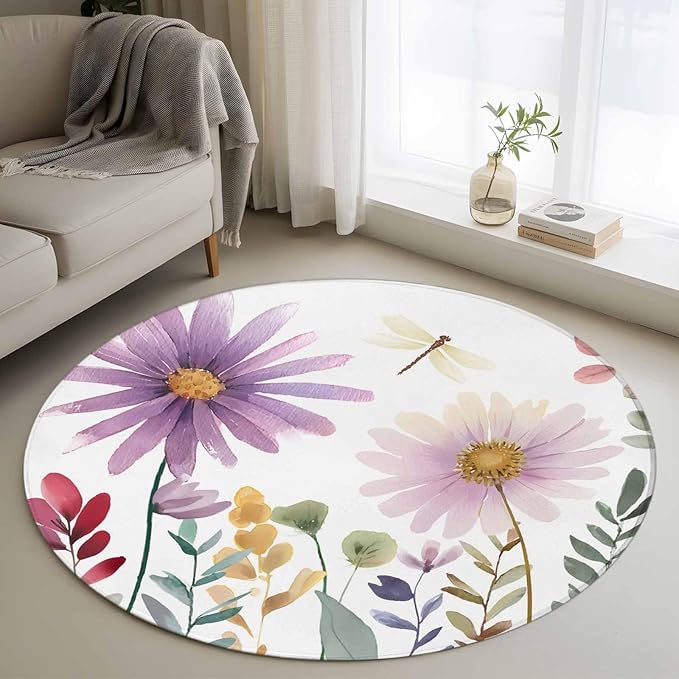 Washable Round Area Rug Country Field Purple Flowers Circle Rugs Floor Carpet for Living Room Bedroom, Farm Floral Art Soft Non Slip Round Rug 4ft